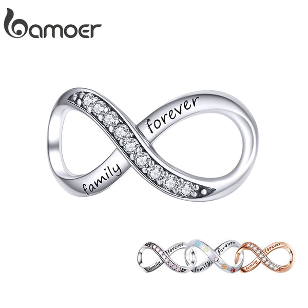 BAMOER Infinity Series Jewelry, Family Forever Charms, 925 Sterling Silver Clear Crystal Charm for Charm Bracelet