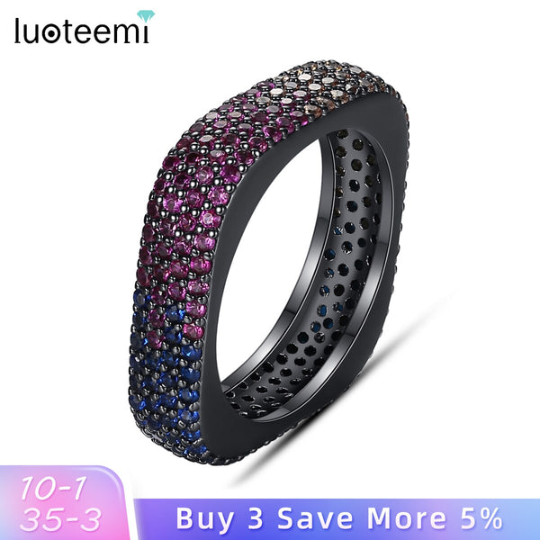 LUOTEEMI Punk Style Black Square Rings for Women or Men with Micro Multicolor Cubic Zirconia Hiphop Cool Fashion Jewelry