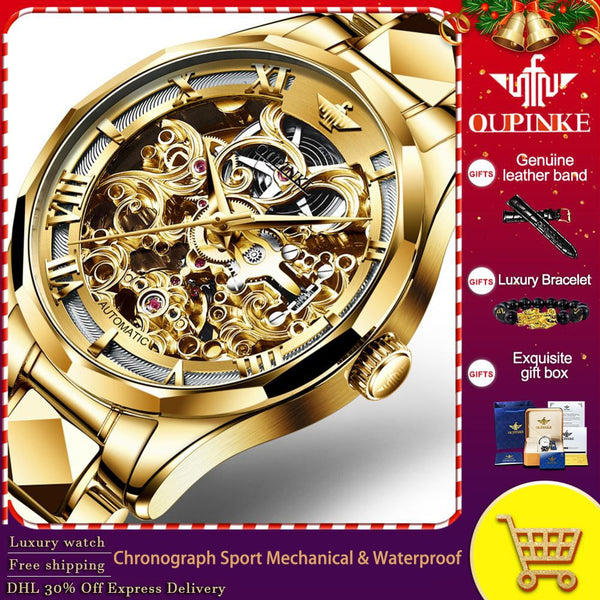 OUPINKE Top Brand Automatic Mechanical Watch for Men 41MM Sapphire mirror Skeleton Design Tungsten steel strap Waterproof Date