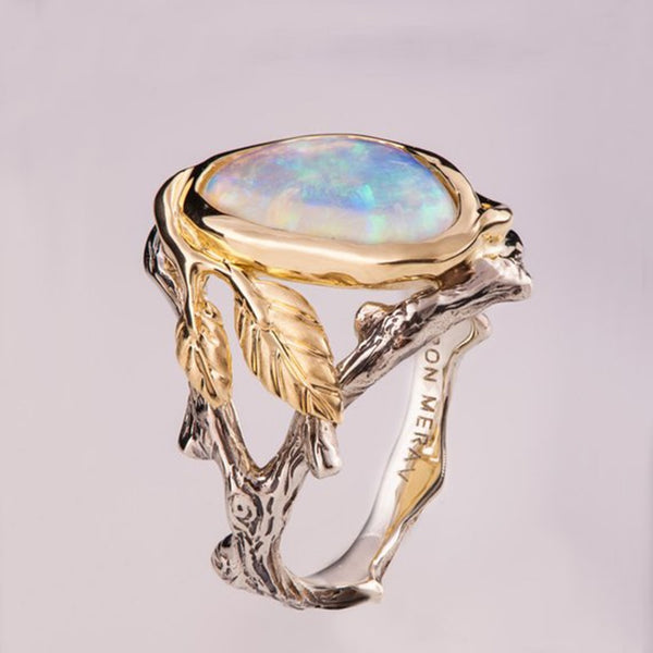 Ring For Women Moonstone Opal Wedding With Gold Leaf Aesthetic Korean Version Of The Mori Simple Rings Fashion Jewelry O4M125