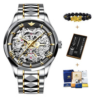 OUPINKE Top Brand Automatic Mechanical Watch for Men 41MM Sapphire mirror Skeleton Design Tungsten steel strap Waterproof Date