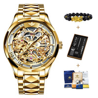 OUPINKE Top Brand Automatic Mechanical Watch for Men 41MM Sapphire mirror Skeleton Design Tungsten steel strap Waterproof Date