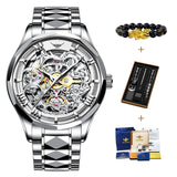 OUPINKE Top Brand Automatic Mechanical Watch for Men 41MM Sapphire mirror Skeleton Design Tungsten steel strap Waterproof Date