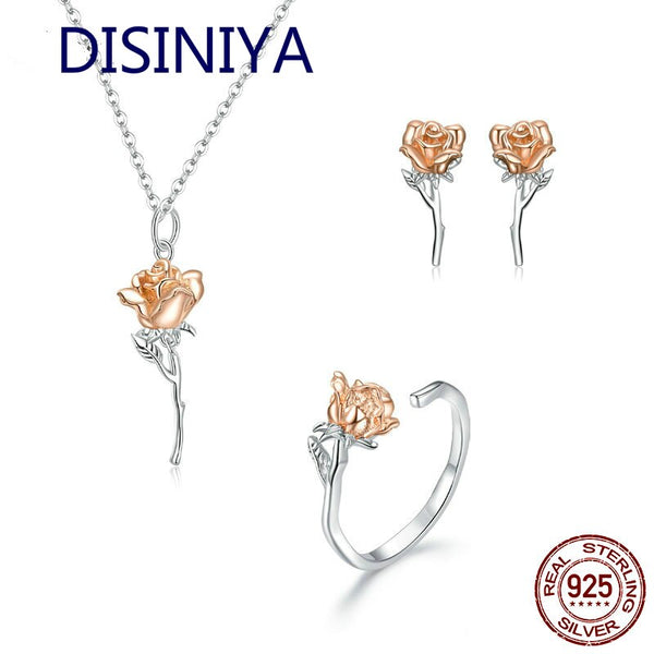 DISINIYA Stud Earrings&amp;Ring&amp;Necklace Jewelry Sets for Women 925 Sterling Silver Rose Plated platinum Fashion Jewelry ZBSR00134