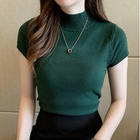 Fashion Knitt Short-sleeved T-shirt Women 2022 New Half Turtleneck Stretch Knitted Tshirt Solid Casual Spring Summer Female Tops