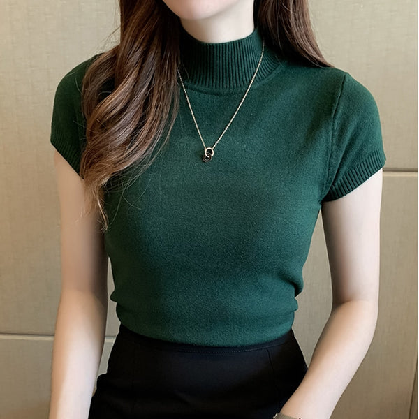 Fashion Knitt Short-sleeved T-shirt Women 2022 New Half Turtleneck Stretch Knitted Tshirt Solid Casual Spring Summer Female Tops