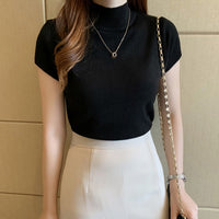 Fashion Knitt Short-sleeved T-shirt Women 2022 New Half Turtleneck Stretch Knitted Tshirt Solid Casual Spring Summer Female Tops