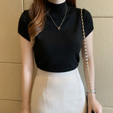 Fashion Knitt Short-sleeved T-shirt Women 2022 New Half Turtleneck Stretch Knitted Tshirt Solid Casual Spring Summer Female Tops