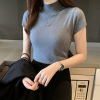 Fashion Knitt Short-sleeved T-shirt Women 2022 New Half Turtleneck Stretch Knitted Tshirt Solid Casual Spring Summer Female Tops