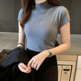 Fashion Knitt Short-sleeved T-shirt Women 2022 New Half Turtleneck Stretch Knitted Tshirt Solid Casual Spring Summer Female Tops