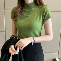 Fashion Knitt Short-sleeved T-shirt Women 2022 New Half Turtleneck Stretch Knitted Tshirt Solid Casual Spring Summer Female Tops
