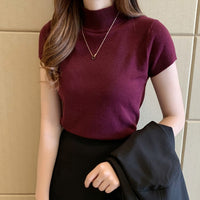 Fashion Knitt Short-sleeved T-shirt Women 2022 New Half Turtleneck Stretch Knitted Tshirt Solid Casual Spring Summer Female Tops