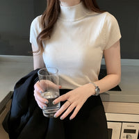 Fashion Knitt Short-sleeved T-shirt Women 2022 New Half Turtleneck Stretch Knitted Tshirt Solid Casual Spring Summer Female Tops