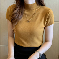 Fashion Knitt Short-sleeved T-shirt Women 2022 New Half Turtleneck Stretch Knitted Tshirt Solid Casual Spring Summer Female Tops