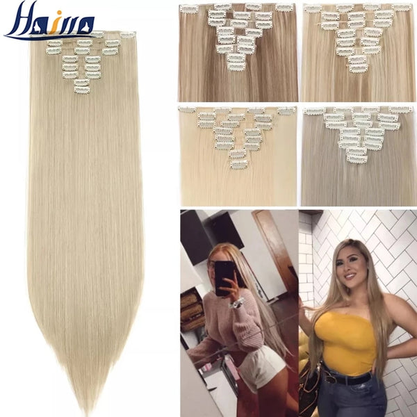 HAIRRO Synthetic 26Inches 8Pcs/set 16 Clips Long Straight Clips in Hair Extensions High Temperature Fiber Black Brown Hairpiece
