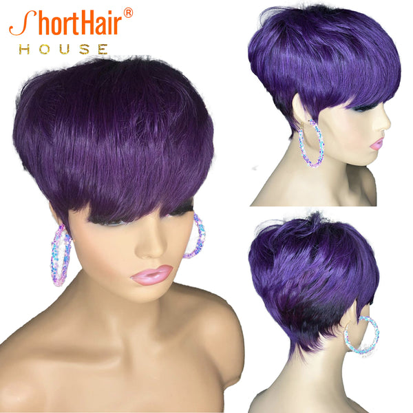 Purple Color Pixie Short Cut Bob Wig For Black Women 100% Human Hair Wig Brazilian Straight Wig Machine made Wig with Full Bang