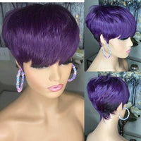 Purple Color Pixie Short Cut Bob Wig For Black Women 100% Human Hair Wig Brazilian Straight Wig Machine made Wig with Full Bang