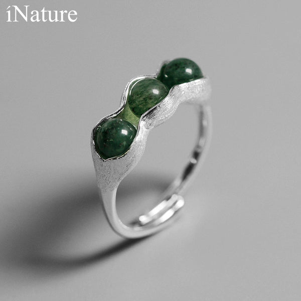 INATURE 925 Sterling Silver Natural Aventurine Pea Pod Stone Rings for Women Wedding Jewelry Adjustable Ring