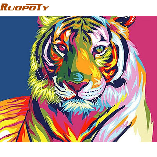 RUOPOTY diy frame Colorful Tiger DIY Painting By Numbers Animals Calligraphy Painting Modern Wall Art Canvas For Home Decors Art